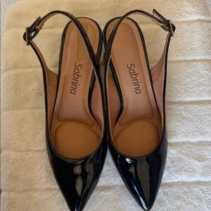 Sabina Black Patent Pointed Toe Slingback Mules